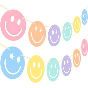 lot 2047 image: 2Pcs Smile Face Party Banner Decorations Pastel Themed Birthday Party Banner Macaron Color Preppy Party Decorations for Pastel Rainbow Smile Face Theme Bachelorette Party Supplies