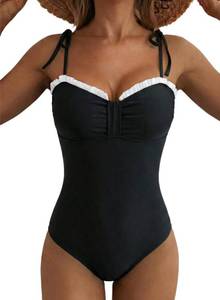 lot 2113 image: Herseas Womens Striped Sexy Ruffled Trim Ruched One Piece Swimsuits Black L
