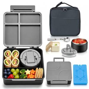 lot 2467 image: Bento Lunch Box with 8oz Soup Thermo,Kids Leakproof 4 Compartment Lunch Food Containers with Sauce Cup and Ice Pack,Kids Thermo Insulated Hot Food Jar and Lunch Bag for School,Trvael-Black
