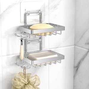 lot 2487 image: Moforoco Silver Double Soap Bar Holder for Shower, No Drilling Rustproof Stainless Steel, Wall Mounted Soap Holder with 4 Hooks and Razor Holder, Shower Rack Soap Tray Bar Soap for Bathroom & Kitchen