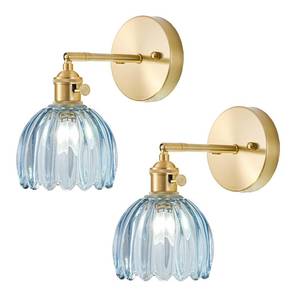 lot 5324 image: LINSEEDS Wall Sconces Set of Two Hardwired, Vintage Sconce Light with Tulip Denim Blue Glass Lampshade, Bathroom Wall Lights with Switch, Gold Wall Light Sconces Wall Decor Set of 2