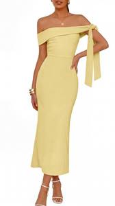 lot 8365 image: MEROKEETY Womens Off-The-Shoulder Bodycon Maxi Dress, Yellow, M