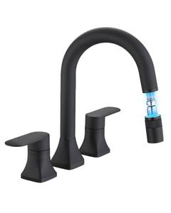 lot 9697 image: Besfelos Bathroom Faucet 3 Hole with Pull Out Sprayer, 8 Inch Widespread Bathroom Faucet, Magnetic Pull Out Faucet for Easy to Use, Matte Black (with Pop-up Drain)