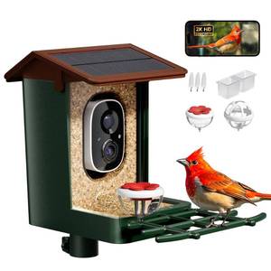 lot 9698 image: Smart Bird Feeder with Camera Solar Powered 2K HD Video, 10,000 Species AI Recognition, Real-Time App Alerts, and Weatherproof Design for Effortless Birdwatching, Gift for Bird Lovers, Brown
