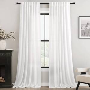 lot 9712 image: Extra Long White Curtain 108 inches Long 2 Panels Set Back Tab Light Filtering Cotton Textured Curtain Modern Farmhouse Coastal Decor Off White Linen Drapes 108 inch Length for Large Window 9 FT Tall
