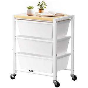 lot 9734 image: Rolling Cart with 3 Drawers, Plastic Drawer Storage Carts with Lockable Wheels & Wooden Tabletop, Metal Utility Cart Organizer, Office Bedroom Classroom Craft Organization and Storage, Bright White