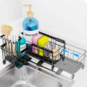 lot 9736 image: Neaclynn Sink Caddy for Kitchen, Exptendable Sink Sponge Holder - Black