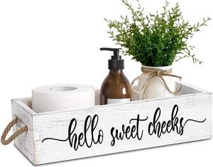 lot 9747 image: PZJIEAN Funny 2 Sides Hello Sweet Cheeks White Bathroom Decor Box with Handle, Farmhouse Bathroom Decor Box for Toilet Paper, Back of Toilet Organizer