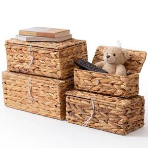 lot 9760 image: BreezeHug Set of 4 Wicker Storage Baskets with Lid Large Water Hyacinth Rectangular Rattan Basket Decorative Boxes for Shelf Home Organization
