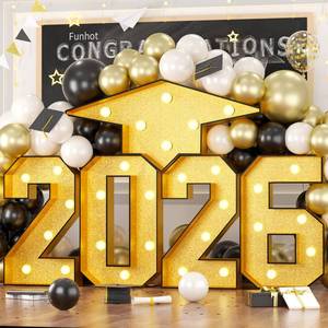 lot 9772 image: FunHot Marquee Light Up Numbers, 3.4 FT 2026 Marquee Numbers with Lights Gold Mosaic Frame Number Graduation Cap Pre-Cut Cardboard for New Year Anniversary Class of 2026 Graduation Party Decoration
