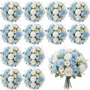 lot 9813 image: Tigeen 12 Bundles Peonies Artificial Flowers Faux Roses, White, Blue