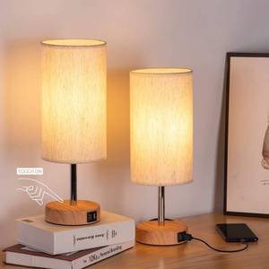 lot 9825 image: Yarra-Decor Bedside Lamps with USB Port - Touch Control Table Lamp for Bedroom Wood 3 Way Dimmable Nightstand Lamp Set of 2 with Round Flaxen Fabric Shade for Living Room, Dorm, Home Office (2 Pack)