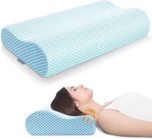 lot 9826 image: Anvo Memory Foam Pillow, Neck Contour Cervical Orthopedic Bed Pillow for Sleeping Side Back Stomach Sleeper, Ergonomic Design for Neck and Shoulder Pain Relief, Blue White, Soft