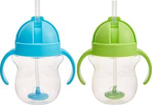 lot 10071 image: Munchkin Any Angle Sippy Cups for Toddlers, Spill Proof Weighted Straw Cup with Transition Handles for Babies 6 Months and Up, 2 Pack, BlueGreen