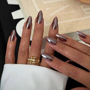 lot 10074 image: Qsnidy Chrome Press On Nails Medium Almond, Glazed Chocolate Mirrored