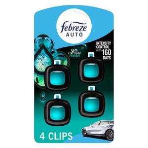 lot 10126 image: Febreze Car Air Freshener, Odor-Fighting Automotive Vent Clip, Scented Car Accessories, Long Lasting for Strong Odors, Unstopables Fresh Scent, .07 fl oz, 4 Count