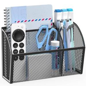 lot 10140 image: YINGHUA 3 Compartment Magnetic Metal Mesh Pen Holder, Black Desk Caddy