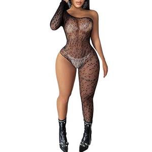 lot 10146 image: Kimfeng Womens Lingerie for Women Sexy Lace Leopard Print One Sleeve Bodycon Jumpsuit Single Leg Mesh Fishnet Bodysuit Rave Party Club Music Festival Outfits Black