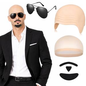 lot 10147 image: 4 Pcs Bald Cap Costume Set with Glasses Mustache Sunglasses Hip Hop Music Singer Rap Artist for Men Women Adult Halloween Festival Concert Cosplay