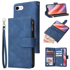 lot 14204 image: QLTYPRI Wallet Case for iPhone 16e17e, Premium Vintage PU Leather Zipper Pocket Case with Card Holder Slots Magnetic Closure Kickstand Wrist Strap Shockproof Flip Folio Cover - Blue