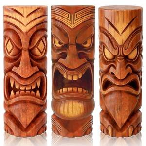 lot 14222 image: GELUOBEN 3 Pcs Tiki Decorations - 16.1 inch Large Wooden Tiki Masks Wall Art,Hawaiian Luau Party Decor,Polynesian Tiki Hut Decor for Home Bar Indoor Outdoor Tropical Survival Theme Party Supplies