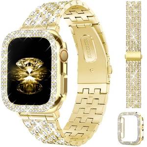 lot 14225 image: JR.DM Diamond Bands with Bling Case Women Compatible with Apple Watch 46mm Dressy Luxury Rhinestone Jewelry Metal Bracelet Wristband with Protector Cover for iWatch Series 1110 Gold