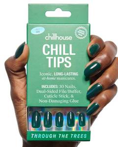 lot 14239 image: Chillhouse Chill Tips Signatures Press On Nails Kit, Through The Trees - 30 Nail Shapes & Sizes, Dual-Sided Buffer & File, Cuticle Stick & Glue - Long-Lasting Nail Art Manicures