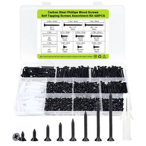 lot 14249 image: #4 Flat Head Small Wood Screws Assortment kit 420Pcs, Black Short Screw Set