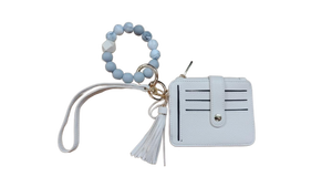 lot 14271 image: White Card Holder Wallet with Beaded Wristlet and Tassel