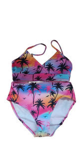 lot 14274 image: Two-Piece Girls Swimsuit Colorful Palm Tree Print Halter Bikini