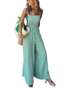 lot 14284 image: ebossy Womens Casual Plaid Gingham Wide Leg Jumpsuits Spaghetti Straps Long Smocked Overalls Rompers (Large, Green)