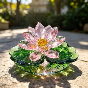 lot 14297 image: VNYWK Pink Crystal Lotus Flower Figurine, 4-Inch Glass Feng Shui Decor