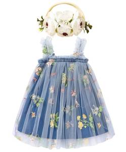 lot 14313 image: GRNSHTS Toddler Baby Girl Flower Dress with Headband Sleeveless Strap Tulle Tutu Toddler Summer Dress 3-6 Months Blue