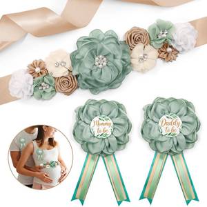lot 14318 image: Vansolinne Sage Green Maternity Sash and Corsage Set Mom to Be Daddy to Be