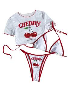 lot 14328 image: Verdusa Womens 3 Piece Cheeky Halter Bikini Set Tie Back String Swimsuit with Cover Up Tops Cherry Red Medium