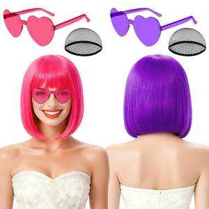 lot 20008 image: Rookea 2 Pack Colored Bob Wigs and Heart Sunglasses Set