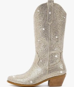 lot 1828 image: Richealnana Sparkly Rhinestones Calf Mid High Boot for Women Cowboy Cowgirl 2INCH Heeled Shining Comfortable Pull On Tabs Boots Sequins Gold Size9