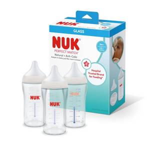 lot 1895 image: NUK Perfect Match Glass Natural  Anti-Colic Bottle, 8 oz. Glass Baby Bottles with SafeTemp Temperature Indicator, Newborn Essentials, 3-Pack