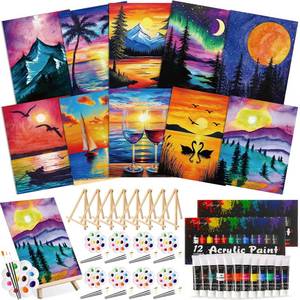 lot 1917 image: Ctosree 72 Pcs Colorful Sky Paint and Sip Kit for Adults 8 x 10 Pre Drawn Canvas for Painting DIY Pre Printed Canvas for Party Favor Afro Acrylic Painting Kit Wood Easel Brushes Date Night Bulk