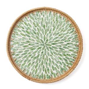 lot 1930 image: Aayoruro Round Rattan Tray with Mother of Pearl Inlay, Wooden Base