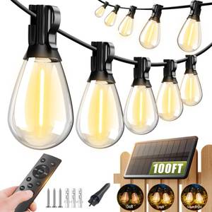 lot 1935 image: Tenmiro 100FT Solar String Lights Outdoor Waterproof with Remote,Shatterproof S11 352 Led Bulbs & Dimmable, 3 Light Modes, Solar Powered Patio Lights for Backyard, Garden, Porch