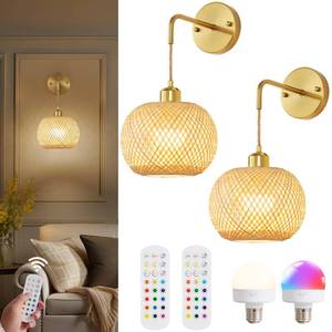 lot 1951 image: Vitnucrol Battery Operated Wall Sconces Set of 2, Boho Bamboo Sconce, Gold