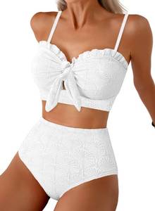 lot 2164 image: Herseas Womens Seashell Textured White Bikini Sets Knotted Front 2 Piece Sweetheart Neck Swim Suits 2026 Summer Ruffle Trim Bathing Suits Casual Vacation Outfits X-Large