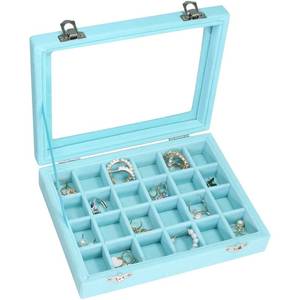 lot 2214 image: Vicoter Velvet Jewelry Box 24 Grid Jewelry Ring Display Organiser Box Tray Holder Earrings Storage Case for Girls Wife Mom Women (Light Blue)
