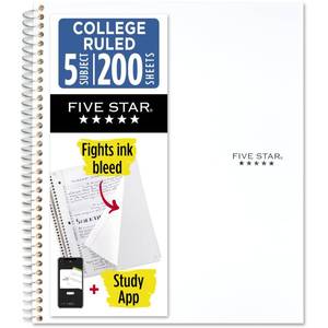 lot 2227 image: Five Star Spiral Notebook  Study App, 5 Subject, College Ruled Paper, 8-12 x 11, 200 Sheets, Fights Ink Bleed, Water Resistant Cover, White (72460)