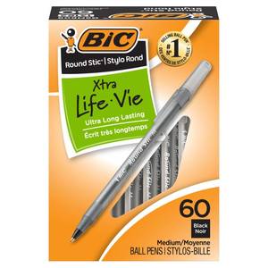 lot 2233 image: BIC Round Stic Xtra Life Ballpoint Pen, Ultra Long Lasting and Consistent Ink Flow, 60-Count in Black Ink