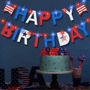 lot 2247 image: 4th of July Birthday Banner with light, Happy Birthday Banner with Battery Operated Fairy String Light, 4th of July Independence Veterans Day Party, Glitter US Star Red White Blue Decorations