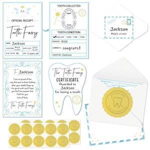 lot 2248 image: Qimgic Mini Tooth Receipt Gifts - 20 Set Tooth Condition Cards with Envelope and Fairy Letter for Kids, Lost Teeth Certificate Keepsake Gift Bag with Stickers for Girls Boys Home School Award (Blue)