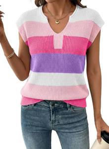 lot 2254 image: SHEWIN Short Sleeve Tops for Women V Neck Womens Short Sleeve Lightweight Striped Sweater Vest Pullover Casual Tops for Women Trendy Rose Red Large