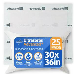 lot 5350 image: Medline Ultrasorbs Drypads, 30 x 36, 25 Count, Super Absorbent Disposable Bed Pads, Large Incontinence Bed Pads, Chucks Protective Underpads, 10 Times More Absorbent, For Adults, Elderly